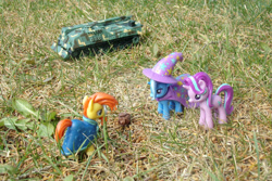 Size: 1095x730 | Tagged: safe, artist:dingopatagonico, derpibooru import, starlight glimmer, sunburst, trixie, unicorn, photo, tank (vehicle), toy