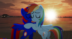 Size: 1915x1054 | Tagged: safe, artist:stephen-fisher, derpibooru import, rainbow dash, oc, oc:stephen (stephen-fisher), alicorn, pegasus, pony, bipedal, eyes closed, female, hug, male, shipping, stepdash, straight, sunset