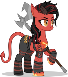 Size: 4678x5300 | Tagged: safe, artist:limedazzle, derpibooru import, pony, absurd resolution, axe, baldur's gate, baldur's gate 3, karlach, ponified, simple background, solo, species swap, tiefling, transparent background, weapon