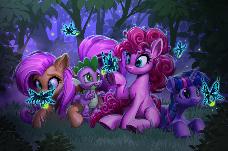 Size: 2400x1589 | Tagged: safe, artist:harwick, derpibooru import, fluttershy, pinkie pie, spike, twilight sparkle, unicorn twilight, dragon, earth pony, firefly (insect), insect, pegasus, pony, unicorn, chest fluff, featured image, female, forest, grass, looking at something, lying down, lying in grass, lying on the ground, male, mare, night, outdoors, prone, sitting, smiling, tree, underhoof