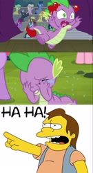 Size: 1500x2786 | Tagged: safe, edit, edited screencap, screencap, spike, dragon, earth pony, human, pegasus, pony, unicorn, abuse, crying, female, male, mare, nelson muntz, op is trying to start shit, sad, shitposting, simpsons did it, spikeabuse, stallion, the simpsons, tomato