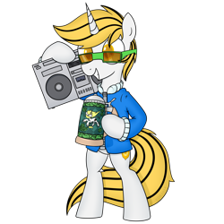 Size: 3000x3000 | Tagged: safe, artist:superderpybot, derpibooru import, oc, oc only, oc:srok, classical unicorn, pony, unicorn, alcohol, beer, beer mug, bipedal, boombox, clothes, cloven hooves, glasses, horn, jacket, leonine tail, male, male oc, simple background, smiling, solo, stallion, standing, standing up, transparent background, unicorn oc, unshorn fetlocks