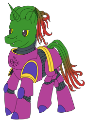 Size: 2155x3045 | Tagged: safe, artist:timejumper, derpibooru import, oc, oc only, oc:chaos augur, alien, hybrid, unicorn, alien:tionese, armor, fangs, hybrid oc, power armor, simple background, solo, space marine, tentacles, transparent background, warhammer 40k