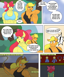 Size: 4484x5401 | Tagged: safe, artist:matchstickman, derpibooru import, apple bloom, applejack, anthro, earth pony, abs, apple bloom's bow, apple bloomed, apple brawn, apple sisters, applejack's hat, applejacked, applerack, biceps, bow, breasts, clothes, comic, cowboy hat, deltoids, dialogue, duo, exclamation point, female, flashback, hair bow, hat, mare, matchstickman's apple brawn series, medals, muscles, muscular female, older, older apple bloom, pecs, rope, siblings, sisters, speech bubble, tumblr:where the apple blossoms