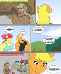 Size: 4484x5401 | Tagged: safe, artist:matchstickman, derpibooru import, apple bloom, applejack, anthro, earth pony, abs, apple bloom's bow, apple bloomed, apple brawn, apple sisters, applejack's hat, applejacked, applerack, armpits, bicep flex, biceps, bow, breasts, clothes, comic, cowboy hat, deltoids, dialogue, duo, female, flexing, hair bow, hat, mare, matchstickman's apple brawn series, muscles, muscular female, older, older apple bloom, pecs, scoreboard, siblings, sisters, speech bubble, thighs, thunder thighs, triceps, tumblr:where the apple blossoms