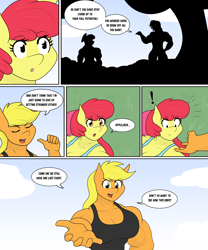 Size: 4484x5401 | Tagged: safe, artist:matchstickman, derpibooru import, apple bloom, applejack, anthro, earth pony, apple bloomed, apple brawn, apple sisters, applejacked, applerack, biceps, breasts, clothes, comic, dialogue, duo, exclamation point, female, looking at you, mare, matchstickman's apple brawn series, muscles, muscular female, older, older apple bloom, siblings, silhouette, sisters, speech bubble, sweet apple acres, tumblr:where the apple blossoms