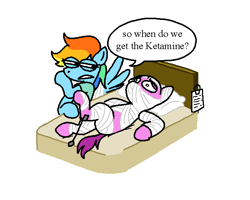 Size: 677x542 | Tagged: safe, artist:notfocks, derpibooru import, bandage pony, rainbow dash, earth pony, pegasus, pony, read it and weep, bed, clothes, dialogue, drugs, duo, female, hospital bed, hospital gown, ketamine, male, mare, narrowed eyes, simple background, speech bubble, stallion, white background