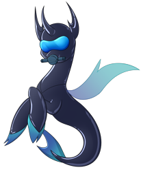 Size: 2052x2451 | Tagged: safe, artist:moonatik, derpibooru import, oc, oc only, oc:facade, changeling, seapony (g4), changeling oc, clothes, diving suit, latex, latex suit, male, rebreather, seaponified, simple background, solo, species swap, transparent background
