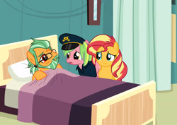 Size: 1920x1360 | Tagged: safe, artist:emeraldblast63, artist:limedazzle, derpibooru import, canter zoom, lemon zest, sunset shimmer, comic:the tale of two sunsets, equestria girls, beard, bed, curtains, facial hair, father and child, father and daughter, female, glasses, hat, hospital, hospital bed, male, mare, missing horn, parent and child, stallion, story included, trio, worried