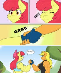 Size: 4484x5401 | Tagged: safe, artist:matchstickman, derpibooru import, apple bloom, applejack, anthro, earth pony, abs, apple bloom's bow, apple bloomed, apple brawn, apple sisters, applejacked, applerack, biceps, bow, breasts, clothes, comic, deltoids, dialogue, duo, eyes closed, female, fingerless gloves, gloves, grin, hair bow, handshake, mare, matchstickman's apple brawn series, muscles, muscular female, older, older apple bloom, siblings, sisters, smiling, speech bubble, sweet apple acres, tumblr:where the apple blossoms