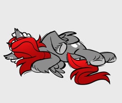 Size: 498x422 | Tagged: safe, artist:opalacorn, derpibooru import, oc, oc only, oc:void, pegasus, pony, family guy death pose, female, gray background, lying down, mare, on side, simple background, solo