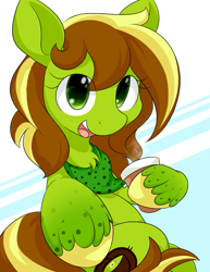 Size: 2550x3300 | Tagged: safe, artist:dshou, derpibooru import, oc, oc only, oc:kiwi, earth pony, pony, abstract background, bandana, coffee, coffee cup, cup, high res, hoof hold, looking at you, open mouth, sitting, smiling, solo, unshorn fetlocks