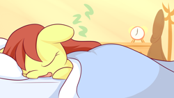 Size: 1920x1080 | Tagged: safe, artist:dshou, derpibooru import, oc, oc only, oc:shooting star, pony, alarm clock, bed, blanket, clock, onomatopoeia, open mouth, sleeping, solo, sound effects, zzz