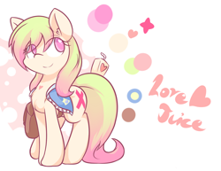 Size: 1400x1080 | Tagged: safe, artist:dshou, derpibooru import, oc, oc only, oc:love note, earth pony, pony, bag, chest fluff, clothes, earth pony oc, eye clipping through hair, female, juice, juice box, mare, simple background, solo, white background