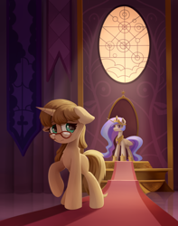 Size: 1516x1920 | Tagged: safe, artist:emeraldgalaxy, derpibooru import, princess celestia, oc, alicorn, pony, unicorn, commission, duo, ears, eyebrows, female, floppy ears, folded wings, glasses, horn, indoors, leaving, looking back, mare, raised hoof, raised leg, sad, throne room, unicorn oc, wings