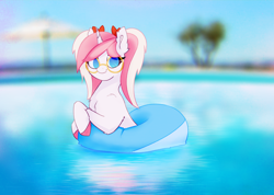 Size: 2670x1902 | Tagged: safe, artist:s410, derpibooru import, oc, oc:fuufi, pony, unicorn, blurry background, colored hooves, glasses, inner tube, pink mane, pool toy, ribbon, swimming pool