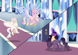 Size: 4976x3568 | Tagged: safe, artist:katnekobase, artist:lisa-germany188yt, artist:quartziie, artist:wonnie-honey-bee, derpibooru import, princess cadance, oc, oc:azrael, oc:princess dove, alicorn, pony, unicorn, alternate design, base used, crystal empire, dark magic, female, flying, glowing, glowing horn, half-siblings, horn, magic, male, mare, offspring, parent:king sombra, parent:princess cadance, parent:shining armor, parents:shiningcadance, parents:somdance, sombra eyes, spread wings, stallion, story included, trio, wings