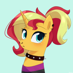 Size: 750x750 | Tagged: safe, artist:riouku, derpibooru import, sunset shimmer, pony, unicorn, alternate hairstyle, alternate universe, blue background, blushing, choker, clothes, commission, ear piercing, earring, female, jewelry, lip piercing, mare, piercing, ponytail, shirt, simple background, solo, spiked choker, t-shirt