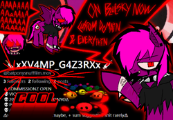 Size: 1598x1110 | Tagged: safe, artist:xxv4mp_g4z3rxx, derpibooru import, oc, oc:violet valium, bat pony, pony, :3, advertisement, arrow, bags under eyes, clothes, collar, eyeliner, fangs, flying, full body, glaggle, hoodie, hospital band, makeup, pointing, red eyes, rubber band, scar, smiling, social media, solo, speech bubble, spiked collar, spiked wristband, tail, text, two toned mane, two toned tail, waist up, wristband