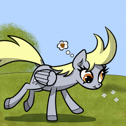 Size: 1500x1500 | Tagged: safe, artist:scandianon, derpibooru import, derpy hooves, pegasus, pony, female, food, grass, mare, muffin, outdoors, running, thought bubble