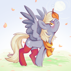 Size: 2000x2000 | Tagged: safe, artist:lionbun, derpibooru import, derpy hooves, pegasus, autumn, blushing, clothes, cute, female, leaf, mare, scarf, socks