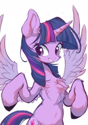 Size: 1535x2185 | Tagged: safe, artist:starbow, derpibooru import, part of a set, twilight sparkle, twilight sparkle (alicorn), alicorn, pony, belly, belly button, bipedal, chest fluff, ear fluff, ears, female, fluffy, horn, leg fluff, mare, simple background, solo, spread wings, white background, wings