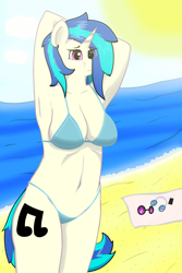 Size: 2000x3000 | Tagged: safe, artist:fimby_vevrol, derpibooru import, dj pon-3, vinyl scratch, anthro, unicorn, arm behind head, beach, belly button, bikini, bikini bottom, bikini top, breasts, clothes, cutie mark, glasses, headphones, legs together, ocean, phone, sand, sun, swimsuit, vinyl's glasses, water