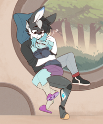 Size: 2202x2650 | Tagged: safe, artist:rexyseven, derpibooru import, oc, oc only, oc:whispy slippers, anthro, earth pony, plantigrade anthro, amputee, cheek fluff, clothes, cuddling, cute, ears, female, jeans, large ears, male, mare, pants, pillow, prosthetic leg, prosthetic limb, prosthetics, shoes, skirt, sleeping, slippers, sneakers, socks, stallion, sweater, tree, turtleneck, zzz