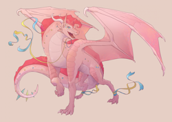 Size: 2275x1620 | Tagged: safe, artist:lyrebones, derpibooru import, pinkie pie, dragon, dragonified, looking at you, open mouth, pinkiedragon, species swap, streamers