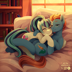 Size: 3000x3000 | Tagged: safe, artist:applesartt, derpibooru import, sonata dusk, oc, oc:smoothie, pony, bed, bookshelf, canon x oc, cuddling, cute, ponified, species swap