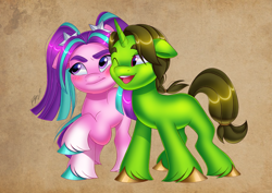 Size: 4961x3508 | Tagged: safe, artist:artharuhi, derpibooru import, aria blaze, oc, oc:tokamak, pony, annoyed, blushing, canon x oc, cute, nuzzling, ponified, species swap, tsundaria, tsundere