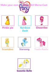 Size: 1280x1940 | Tagged: safe, artist:maddiewondergirl63, derpibooru import, cheerilee (g3), pinkie pie, pinkie pie (g3), rainbow dash, rainbow dash (g3), scootaloo (g3), starsong, surprise, sweetie belle (g3), toola roola, earth pony, human, pegasus, pony, g1, g3, g4, cast, cast meme, core seven, crossover, female, g1 to g4, generation leap, lemon meringue (strawberry shortcake), mare, meme, princess daisy, princess peach, raspberry torte (strawberry shortcake), strawberry shortcake, super mario bros.