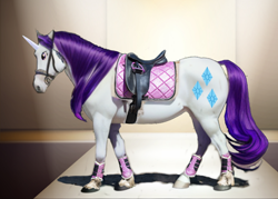Size: 1434x1024 | Tagged: safe, ai content, derpibooru import, machine learning assisted, rarity, horse, pony, unicorn, 1000 hours in gimp, bridle, edited photo, fashion, fashion horse, female, hoers, hoof boots, horses doing horse things, mare, ponified animal photo, rarity being rarity, saddle, semi-realistic, solo, tack