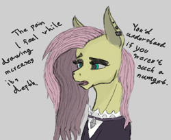 Size: 1096x898 | Tagged: safe, artist:ponetential, fluttershy, clothes, ear piercing, eyeshadow, fluttergoth, goth fluttershy, numget, piercing, sad, sadness, text