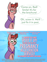 Size: 1826x2394 | Tagged: safe, artist:moonatik, derpibooru import, oc, oc only, oc:red line, pony, unicorn, 2 panel comic, abstract background, advertisement, cape, clothes, comic, dialogue, fake smile, female, horn, mare, smiling, solo, text, unicorn oc