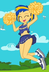 Size: 1397x2048 | Tagged: safe, artist:mlpfan3991, derpibooru import, oc, oc only, oc:flare spark, bird, human, equestria girls, cheerleader, cheerleader outfit, clothes, eyes closed, female, jumping, midriff, open mouth, pom pom, shoes, skirt, sky, solo