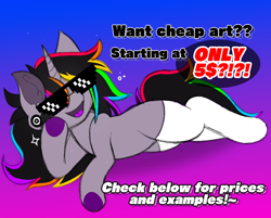 Size: 790x634 | Tagged: safe, artist:woofpoods, derpibooru import, oc, oc only, oc:strobestress, unicorn, advertisement, advertisement in description, advertising, commission, commission info, commissions open, gradient background, sexy, solo