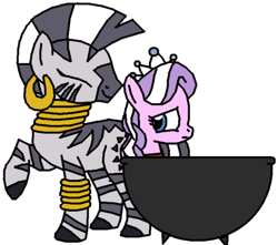 Size: 686x606 | Tagged: safe, artist:girlsvoreboys, derpibooru import, diamond tiara, zecora, pony, zebra, cauldron, duo, female, filly, foal, person as food, simple background, this will end in vore, transparent background