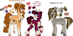 Size: 2594x1310 | Tagged: safe, artist:anomalousjester, derpibooru import, oc, oc only, oc:chicken pot pie, oc:james jamboree, oc:peanutbutter toast, earth pony, pony, female, male, mare, offspring, parent:cheese sandwich, parent:pinkie pie, parents:cheesepie, siblings, simple background, stallion, transparent background, trio