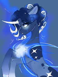 Size: 1600x2133 | Tagged: artist needed, source needed, safe, derpibooru import, oc, oc:星烛, pony, unicorn, chest fluff, coat markings, colored, concave belly, constellation, curved horn, ethereal mane, eyebrows, eyelashes, gradient hooves, hooves, horn, leg fluff, lighting, long mane, looking down, rearing, side view, sketch, slim, solo, starry mane, sternocleidomastoid, teeth, thin, unicorn oc, white eyes
