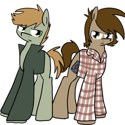 Size: 700x700 | Tagged: safe, artist:supernaturalismagic, derpibooru import, earth pony, clothes, dean winchester, duo, male, sam winchester, shirt, simple background, stallion, supernatural, tumblr:supernaturalismagic, white background