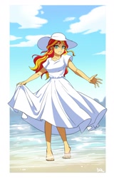 Size: 1200x1877 | Tagged: safe, artist:dalsegno, derpibooru import, sunset shimmer, human, equestria girls, barefoot, beach, clothes, cute, dress, feet, hat, looking at you, partially submerged, passepartout, shimmerbetes, smiling, smiling at you, solo, standing in water, sun hat, sundress, water