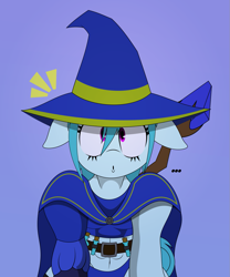 Size: 997x1200 | Tagged: safe, artist:isaac_pony, derpibooru import, oc, oc only, pony, unicorn, belt, clothes, dungeons and dragons, fantasy, fantasy class, femboy, gloves, hat, mage, male, pen and paper rpg, potion, purple background, rpg, simple background, solo, staff, tail, wizard hat, wizard robe