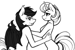 Size: 768x512 | Tagged: safe, artist:truedepressed, derpibooru import, oc, oc only, anthro, bat pony, unicorn, ass, bed, breasts, butt, cute, duo, female, looking at each other, looking at someone, love, monochrome, nudity, romantic, simple background, sketch, smiling, white background