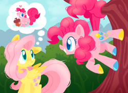 Size: 2048x1488 | Tagged: safe, artist:raystarkitty, derpibooru import, fluttershy, pinkie pie, earth pony, pegasus, pony, squirrel, g4, it ain't easy being breezies, cute, diapinkes, duo, female, grin, hooves, looking at each other, looking at someone, mare, multicolored hooves, prehensile tail, scene interpretation, shyabetes, smiling, smiling at each other, tail, thought bubble