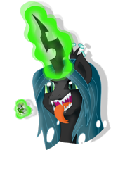 Size: 1024x1522 | Tagged: safe, artist:kunoichipikachu, derpibooru import, queen chrysalis, oc, pony, unicorn, bust, duo, imminent vore, levitation, magic, male, micro, simple background, stallion, telekinesis, tongue, tongue out, transparent background