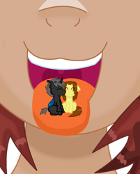 Size: 900x1118 | Tagged: safe, artist:kunoichipikachu, derpibooru import, oc, oc only, oc:brownie bite, oc:stormraider, pony, imminent vore, kiss on the cheek, kissing, male, micro, shipping, sitting, stallion