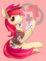 Size: 2700x3600 | Tagged: safe, artist:dshou, derpibooru import, oc, oc only, earth pony, pony, clothes, dealer, earth pony oc, female, high res, hoof hold, mare, mouth hold, playing card, shirt, simple background, sitting, solo, visor cap