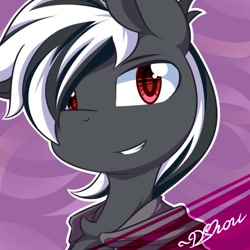 Size: 500x500 | Tagged: safe, artist:dshou, derpibooru import, oc, oc only, oc:shadow moon, pony, bust, clothes, gray coat, grin, portrait, red eyes, robe, smiling, solo