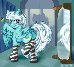 Size: 2200x2000 | Tagged: safe, alternate version, artist:silverfir, derpibooru import, fleetfoot, pegasus, pony, butt, chest fluff, clothes, commission, commissioner:fleetfoot, dock, ear fluff, ears, female, fleetbutt, fluffy, high res, indoors, leg fluff, locker room, looking at you, looking back, looking back at you, mare, mirror, one wing out, plot, raised leg, smiling, smiling at you, socks, solo, striped socks, tail, thigh highs, wings